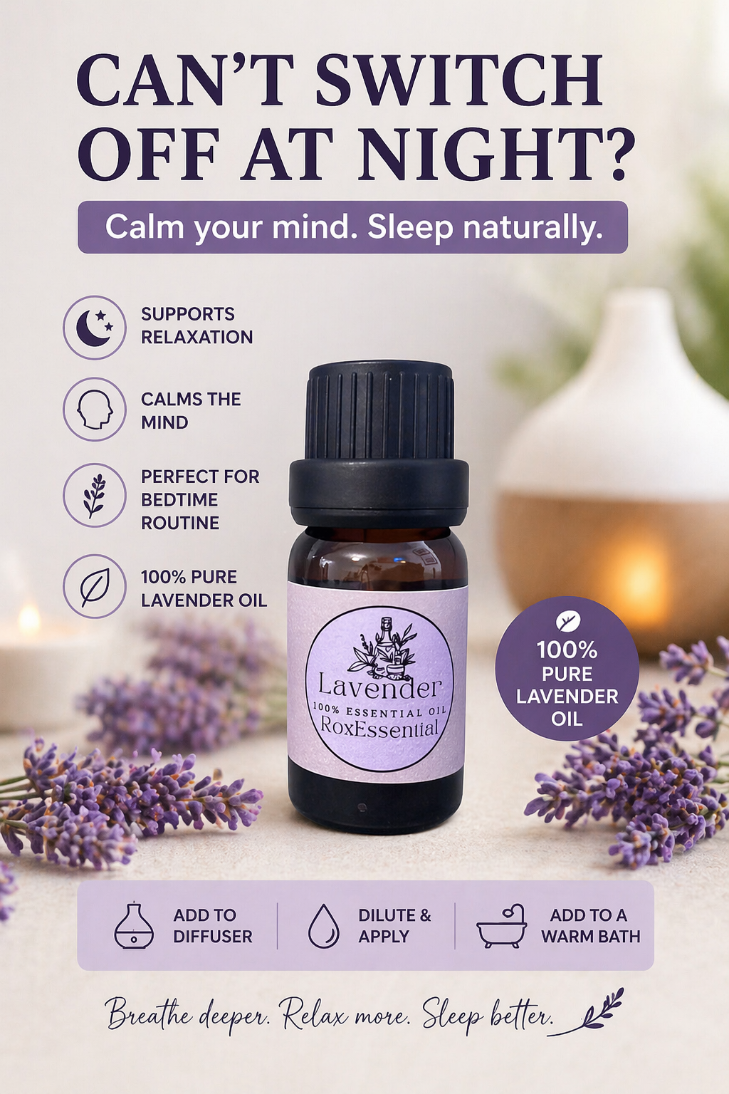 Lavender Essential Oil 10ml | 100% Pure Lavandula angustifolia for Sleep & Relaxation